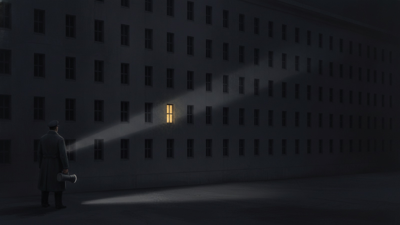 A night watchman seen from behind, small against a dark building with rows of dim windows. His flashlight beam crosses the wall and lights a single window that glows gold.