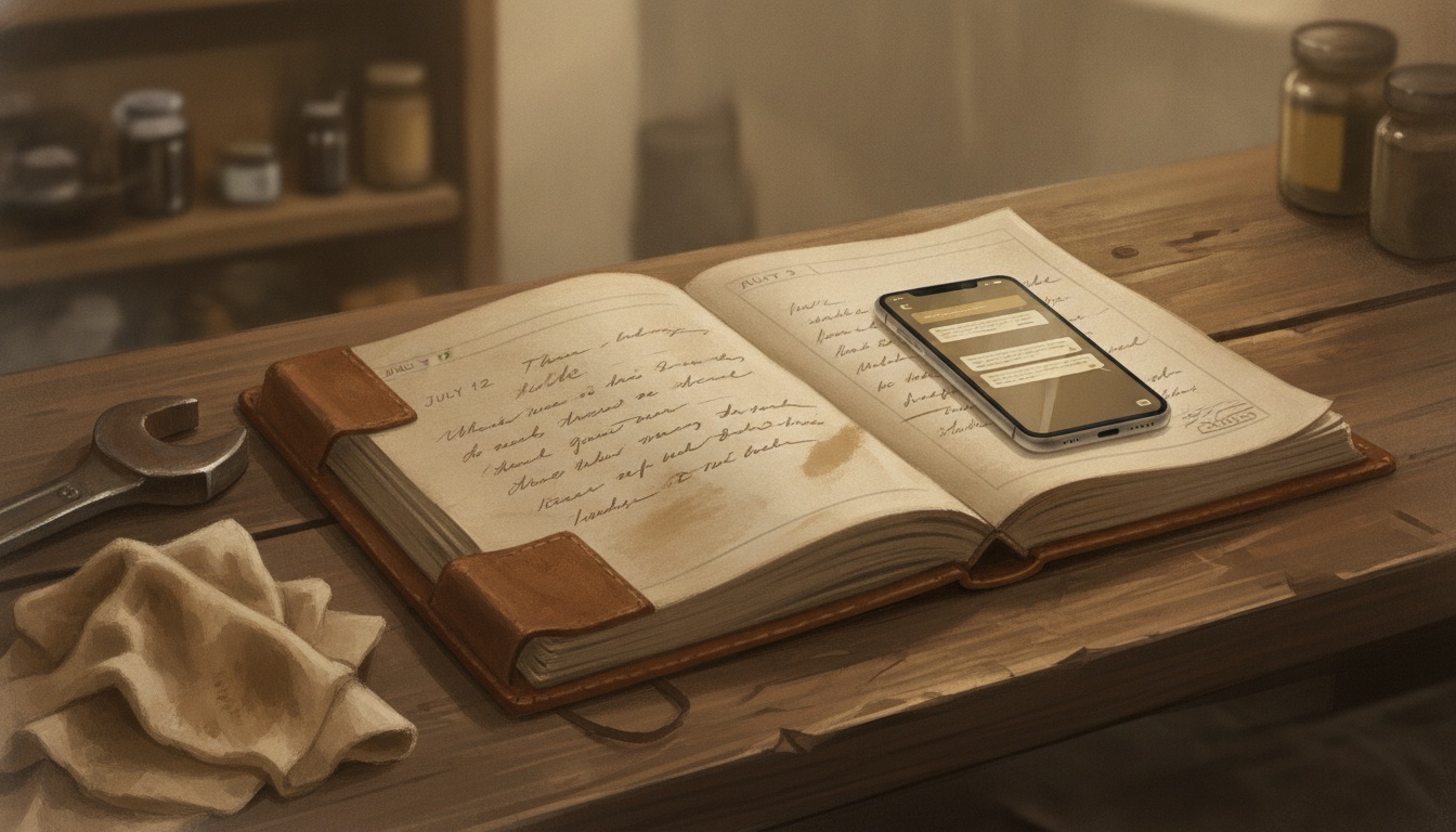 A shop notebook open on a workbench, pages full of handwritten notes, with a phone lying on top showing a text thread.