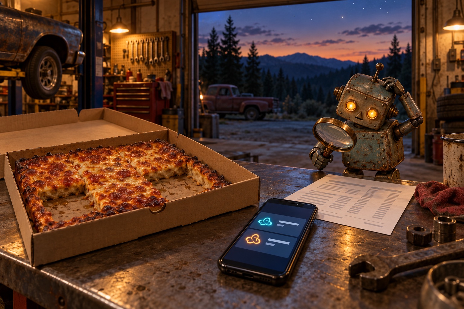 A steel workbench in an old auto repair shop at dusk. An open box holds a square Detroit-style pizza with a few slices gone. Beside it a phone shows two card charges, each with a glowing abstract knot icon. A small riveted tin-toy robot with amber eyes holds a magnifying glass over a paper statement and scratches its head. Through the open bay door, fir hills and the first stars.