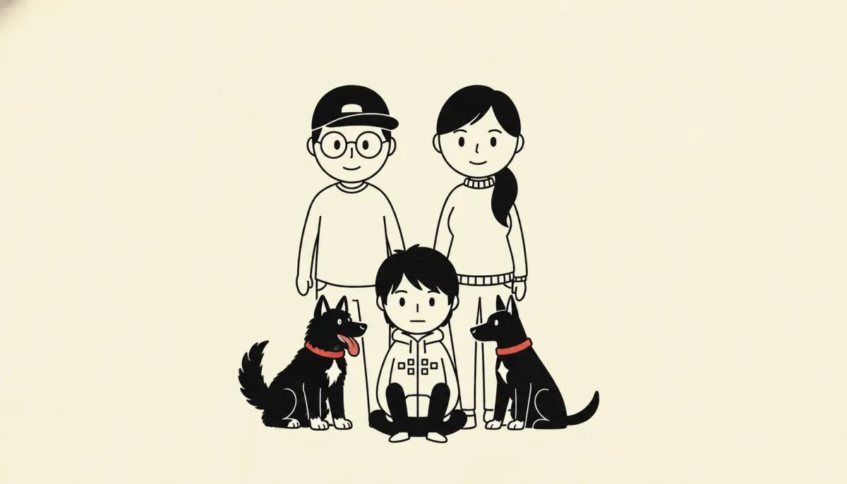 A hand-drawn portrait of Travis and his family with a fluffy black dog and a smooth-coated black dog.